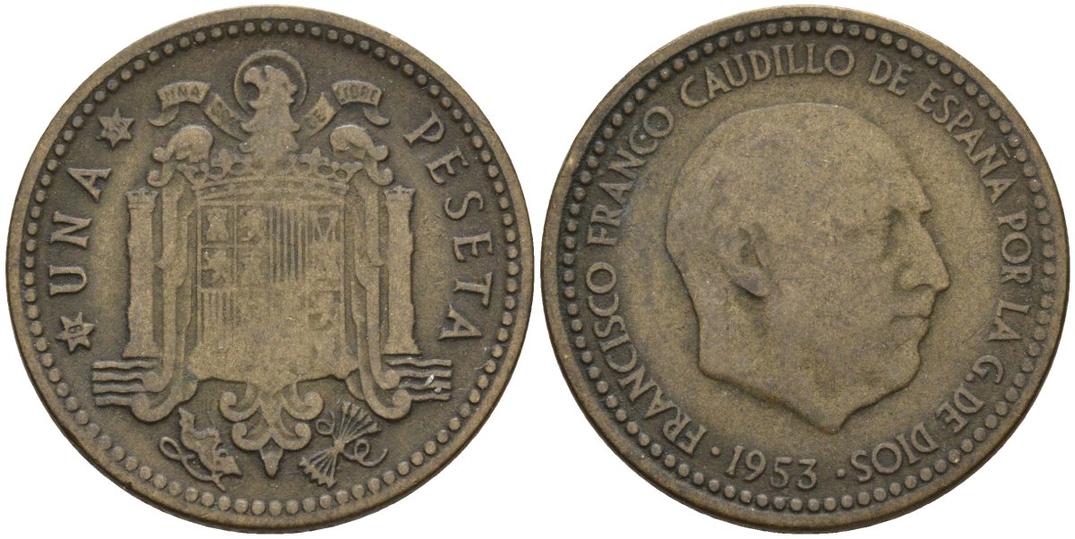 Испания 1 песета 1953 (54) Франсиско Франко (1939-1975) KM 775 алюминиевая бронза 3336-154