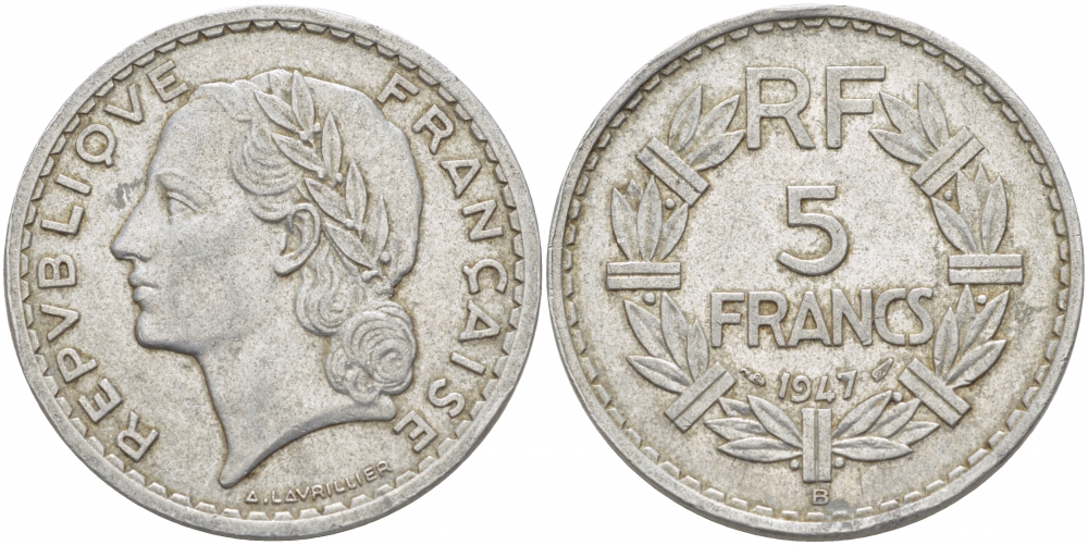 ФРАНЦИЯ 5 ФРАНКОВ 1947 В, OPEN 9 KM 886а.2 алюминий 4403-1131