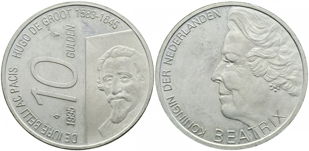 Нидерланды 10 гульденов 1995 300 лет со дня смерти Хьюго Грута, королева Беатрикс KM 220 серебро UNC 413-3944