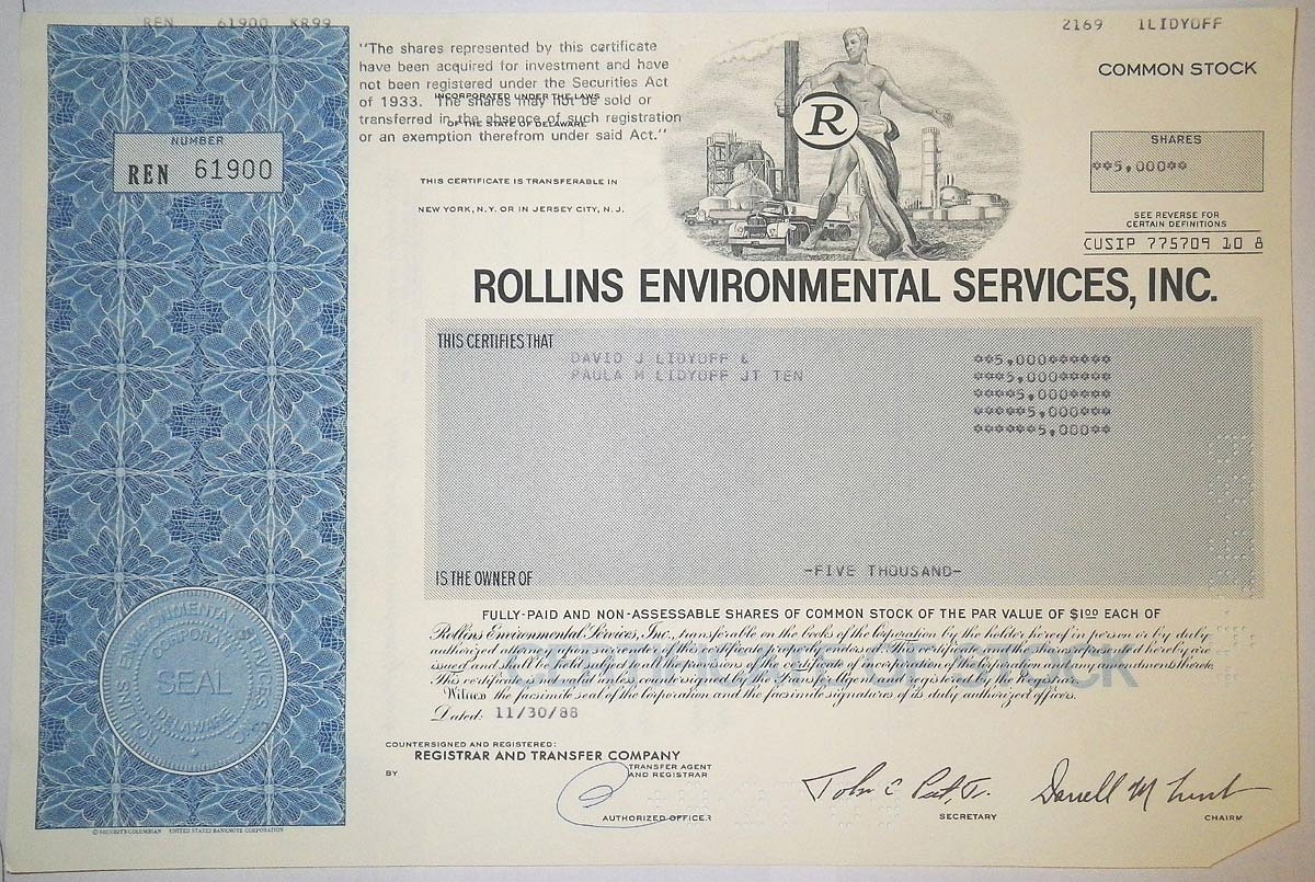 США, ROLLINS ENVIRONMENTAL SERVICES, INC. 5000 акций 1988 бумага 8805-58-1
