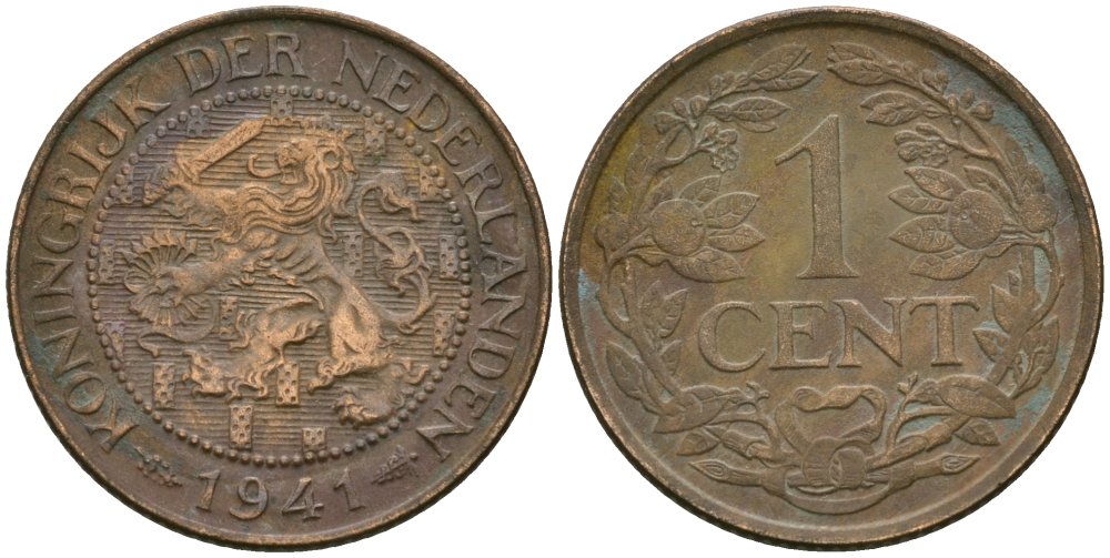 Нидерланды 1 цент 1941 Вильгельмина (1890-1948) KM 152 бронза 4576-1155