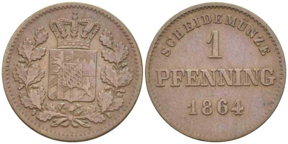 Бавария 1 пфенниг 1864 Максимилиан II (1848-1864) КМ 471 медь 201-249