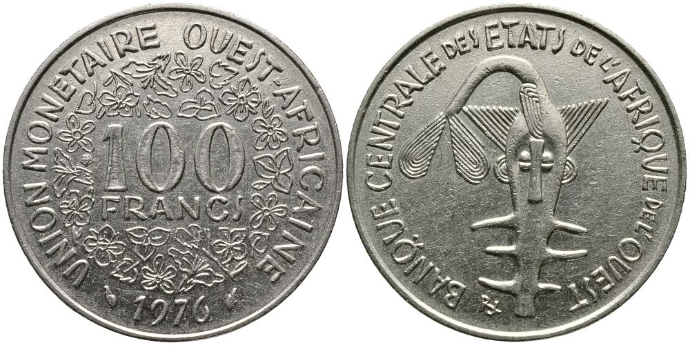 ВАЛЮТНЫЙ СОЮЗ СТРАН ЗАПАДНОЙ АФРИКИ 100 ФРАНКОВ 1976 KM 4 никель 3336-215
