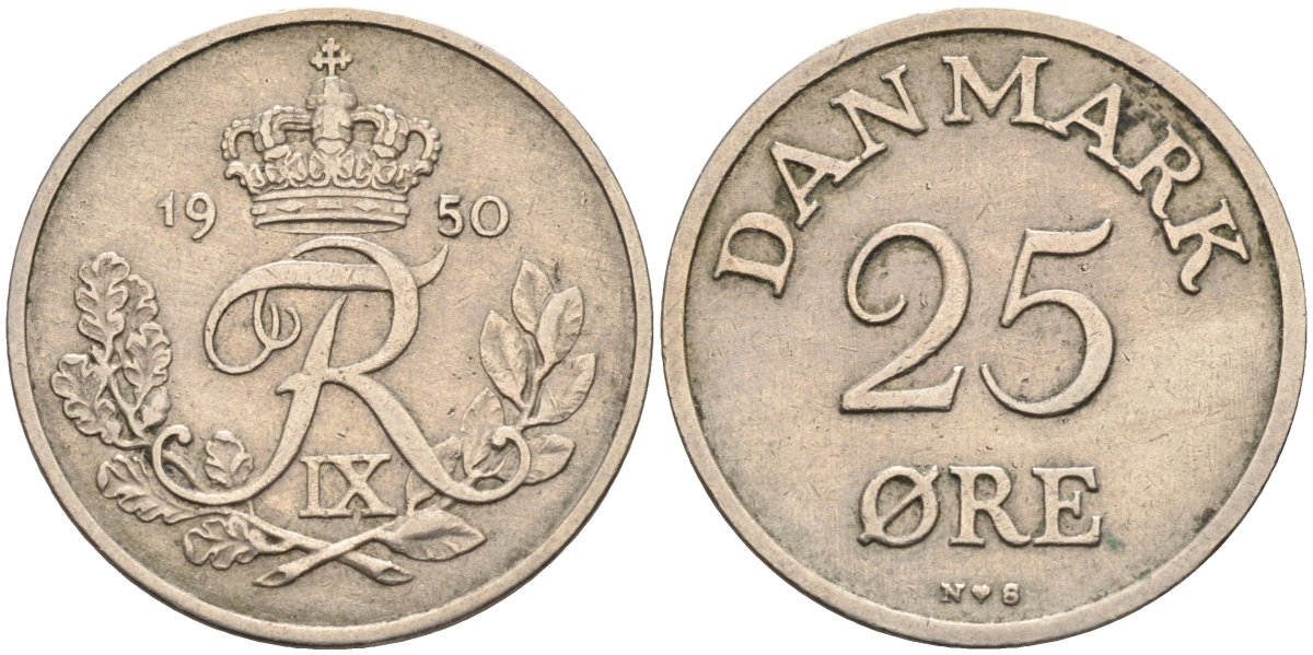 Дания 25 эре 1950 N,S, Фредерик IX (1947-1972) KM 842.1 медно-никель 4591-952