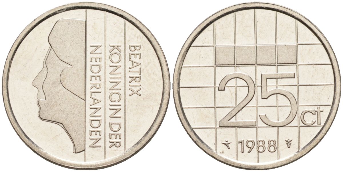 Нидерланды 25 центов 1988 Беатрикс (1980-2013) KM 204 никель UNC 4588-911