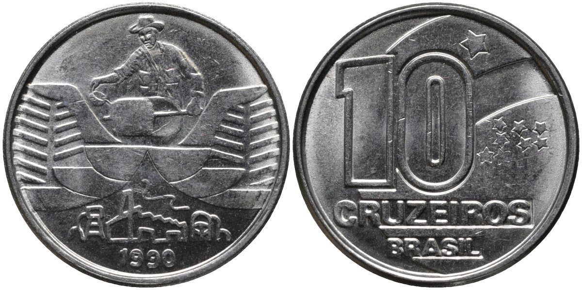 Бразилия 10 крузейро 1990 золотодобыча KM 619.1 нержавеющая сталь 4579-745