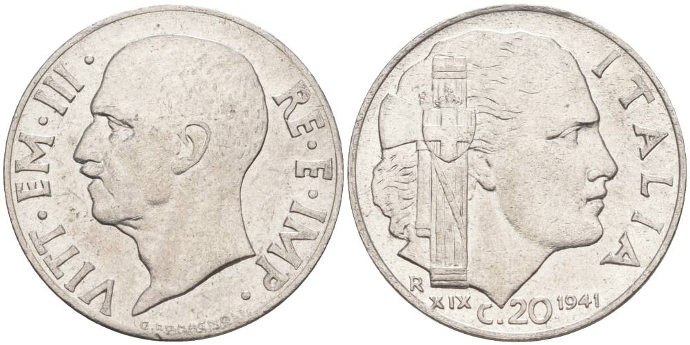 ИТАЛИЯ 20 ЧЕНТЕЗИМО 1941 R, ГОД XIX, ВИКТОР ЭММАНУИЛ III (1900-1946) KM 75b, VEM3. 1028 нержавеющая сталь 3853-631