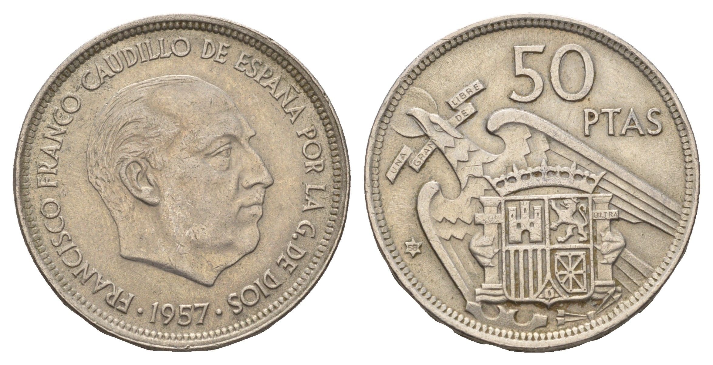 Испания 50 песет 1957 (58) Франсиско Франко (1939-1975) KM 788 медно-никель 4672-441