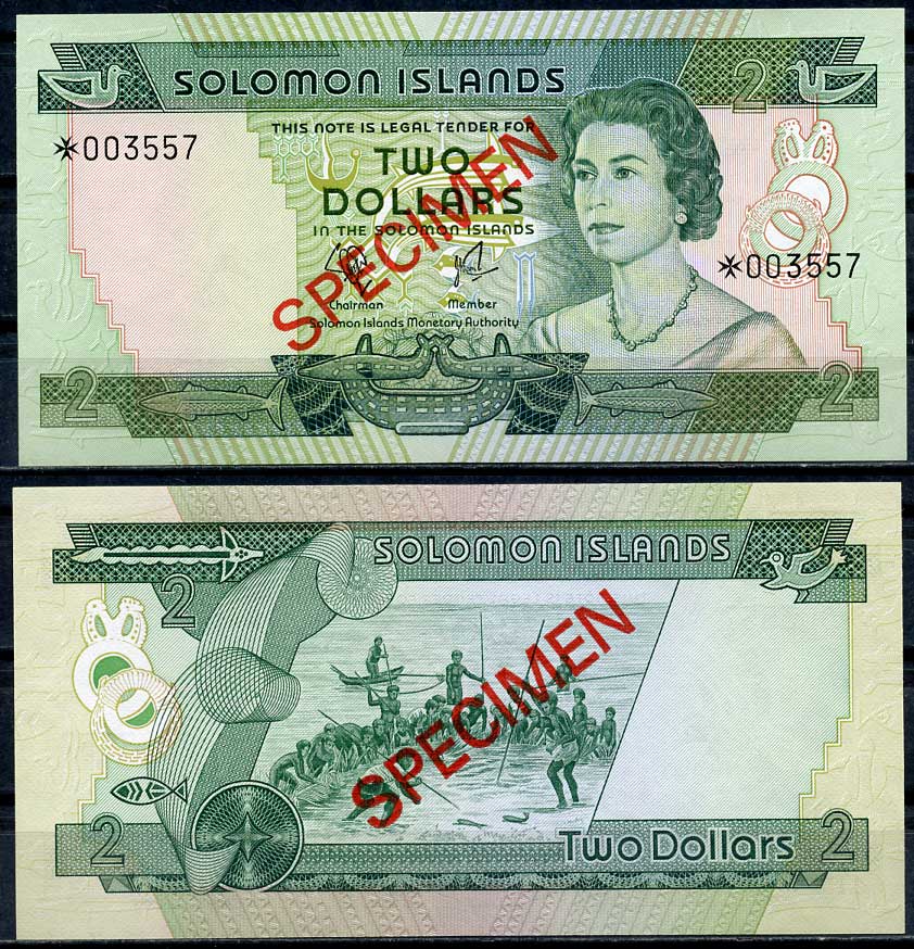 Соломоновы острова 2, 5 и 10 долларов ND (1977) Елизавета II (1952-2022), образец, Specimen, № 003557 Pick 5 s, 6 s, 7 s  бумага  UNC (пресс) 451-19-2