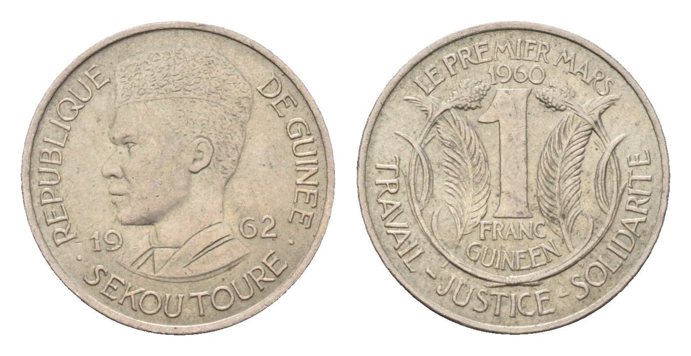 Гвинея 1 франк 1962 Ахмед Секу Туре, год-тип KM 4 медно-никель aUNC 4679-547
