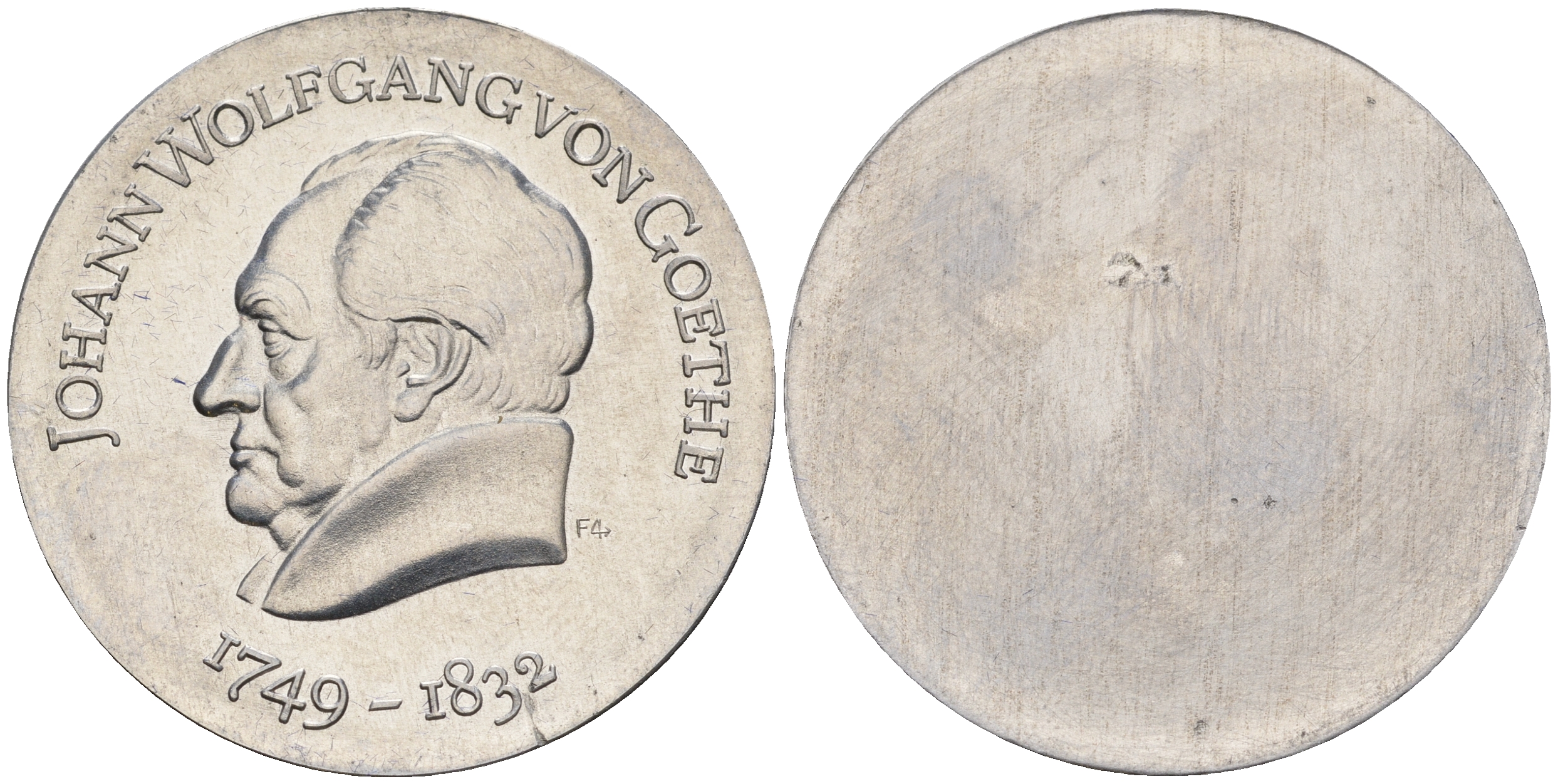 ГДР 20 марок 1969 220 лет со дня рождения Иоганна Вольфганга фон Гёте, односторонний алюминиевый чекан на лицевой стороне, тираж 300 штук J. 1525A алюминий UNC 00-820-55