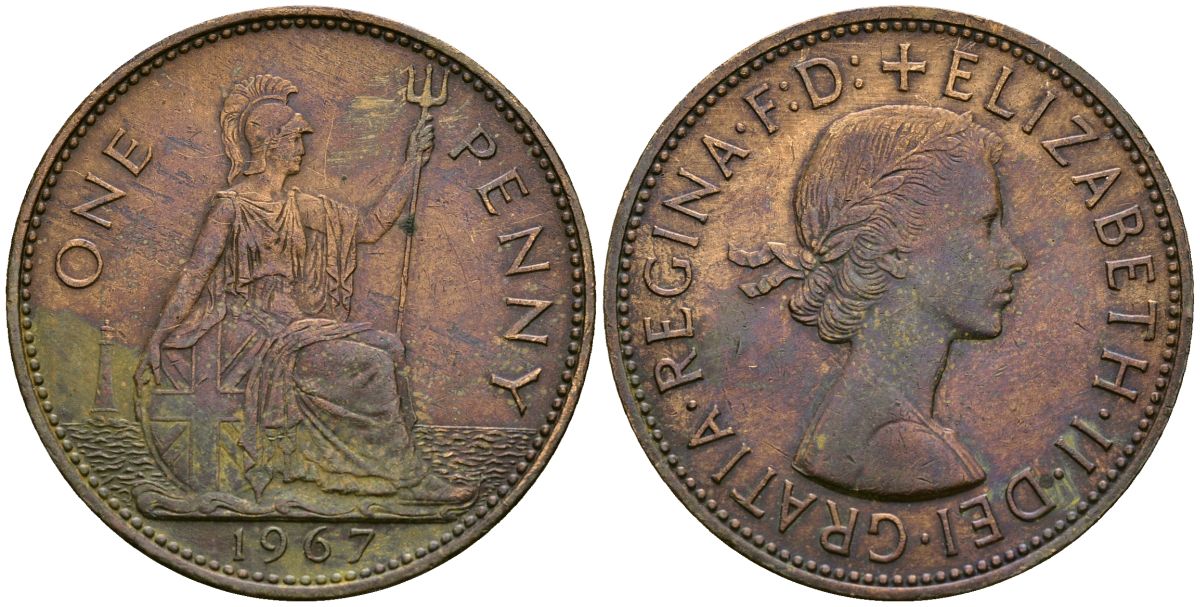 Великобритания 1 пенни 1967 Елизавета II (1952-2022) KM 897, Spink 4157 бронза 4165-1046