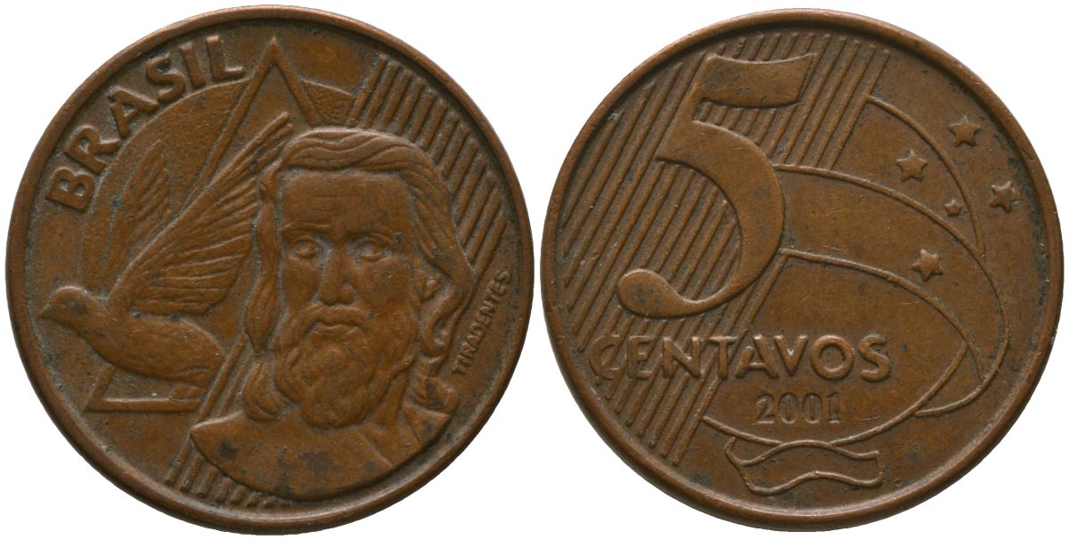 Бразилия 5 сентаво 2001 KM 648, Schon 156 сталь плакированная медью 4523-952