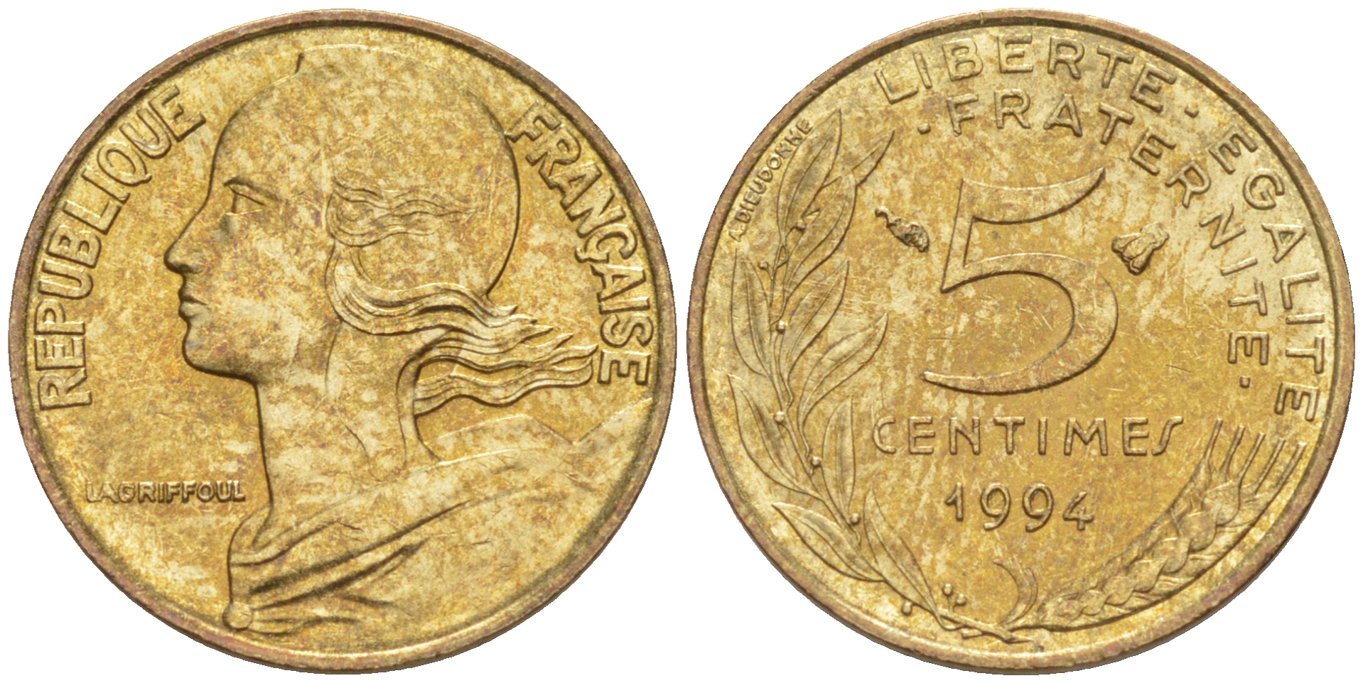 Франция 5 сантимов 1994 ТИП MARIANNE KM 933, le Frank 125.36 медь алюминий никель 100-821