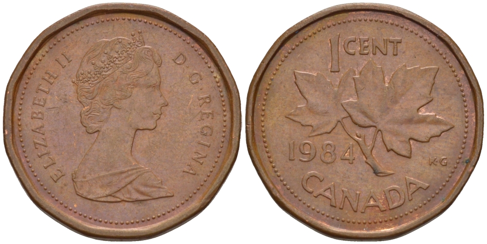 КАНАДА 1 ЦЕНТ 1984 КЛЕНОВЫЙ ЛИСТ, ЕЛИЗАВЕТА II KM 132 бронза 57-1125