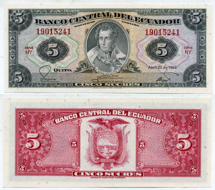 Эквадор 5 сукре 1983 Антонио Хосе Сукре Pick 108 b бумага UNC (пресс) 7217-28-3