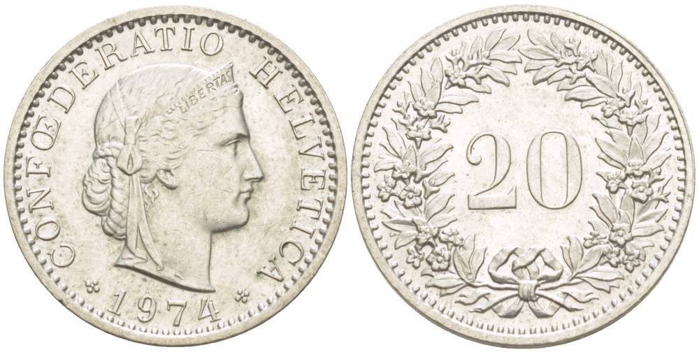 Швейцария 20 раппенов 1974 KM 29а медно-никель 4544-324