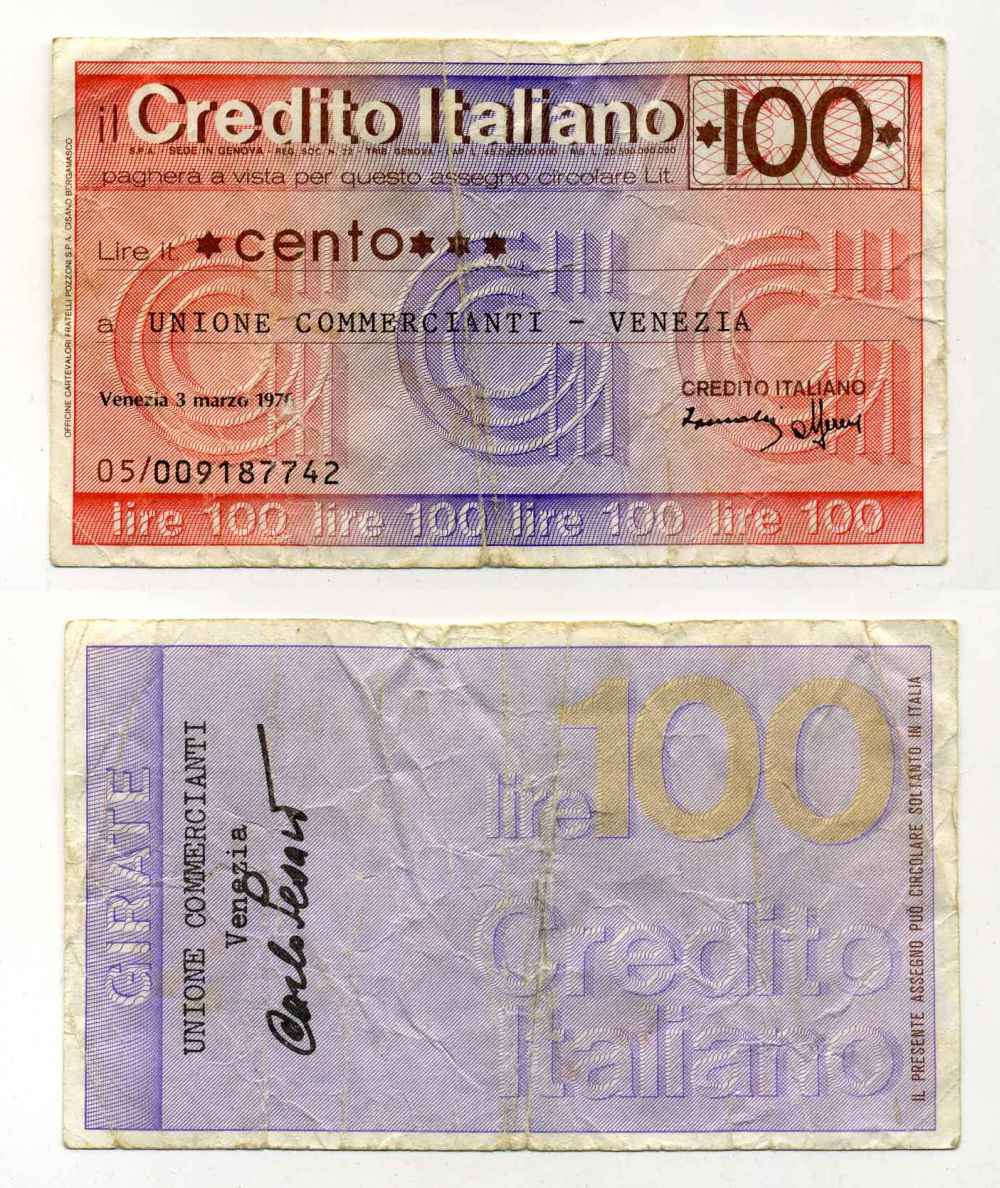 Италия чек на 100 лир 1976 credito Italiano, союз торговцев венеции бумага 8588-11-3-1