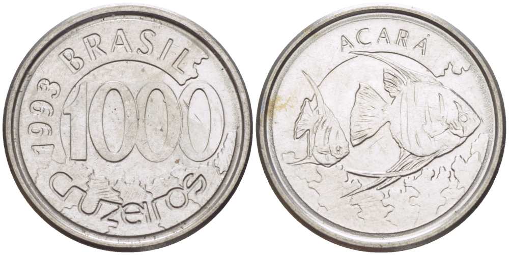 Бразилия 1000 крузейро 1993 реформа 1990-1993, рыбка Акара KM 626 нержавеющая сталь 26-818