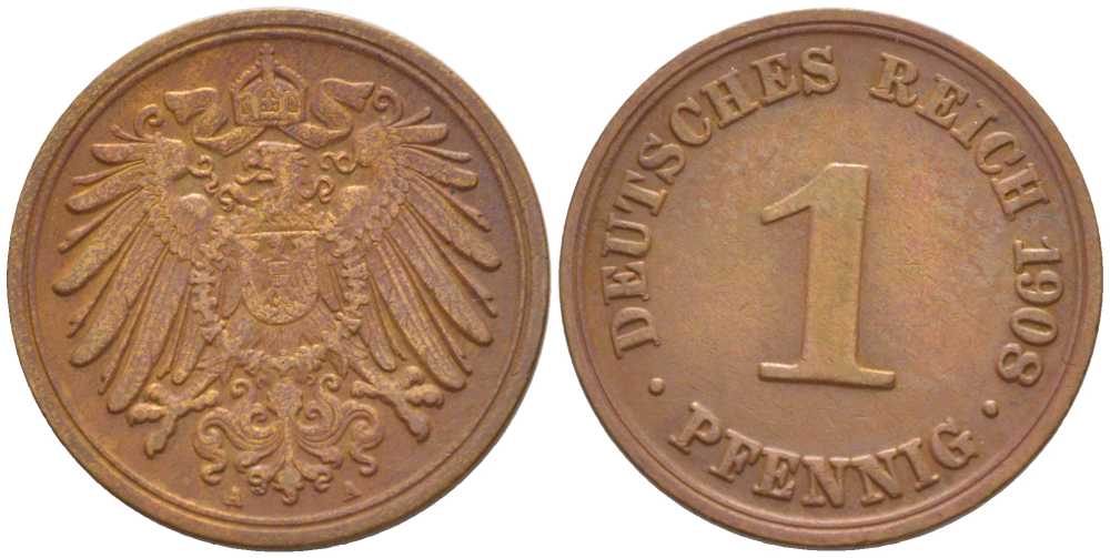 ГЕРМАНИЯ 1 ПФЕННИГ 1908 A KM 10, J. 10, Weege 2 медь 211-364