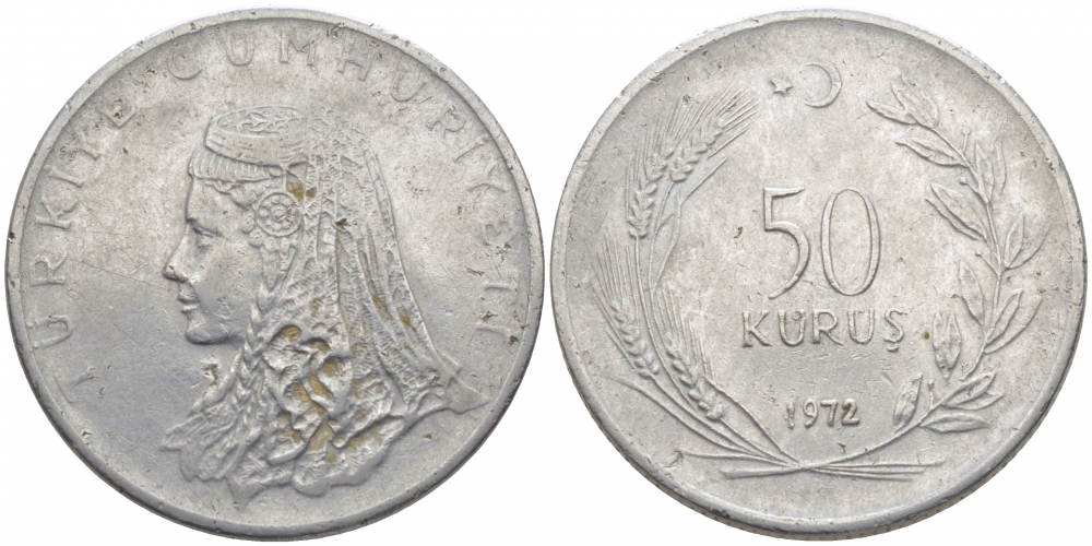 Турция 50 курушей 1972 Анатолийская невеста KM 899 нержавеющая сталь 3856-624