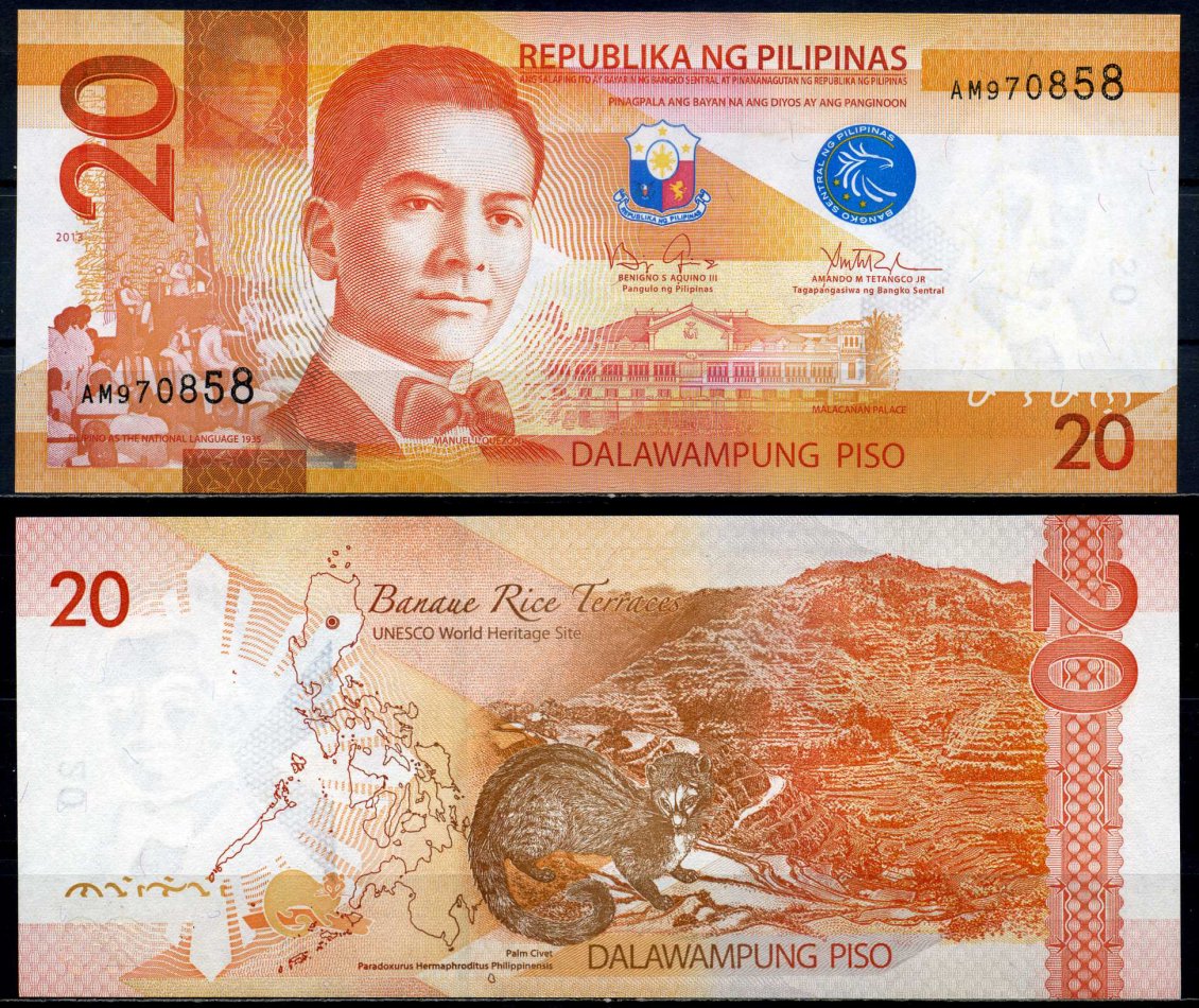 Филиппины 20 писо 2013 Мануэль Кесон, signatures: Aquino III & Tetangco Pick 206a бумага UNC (пресс) 8602-48-1-2