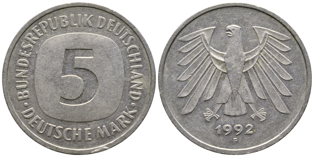 ФРГ 5 марок 1992 F, KM 140.1 медно-никель плакированный никелем 4380-324