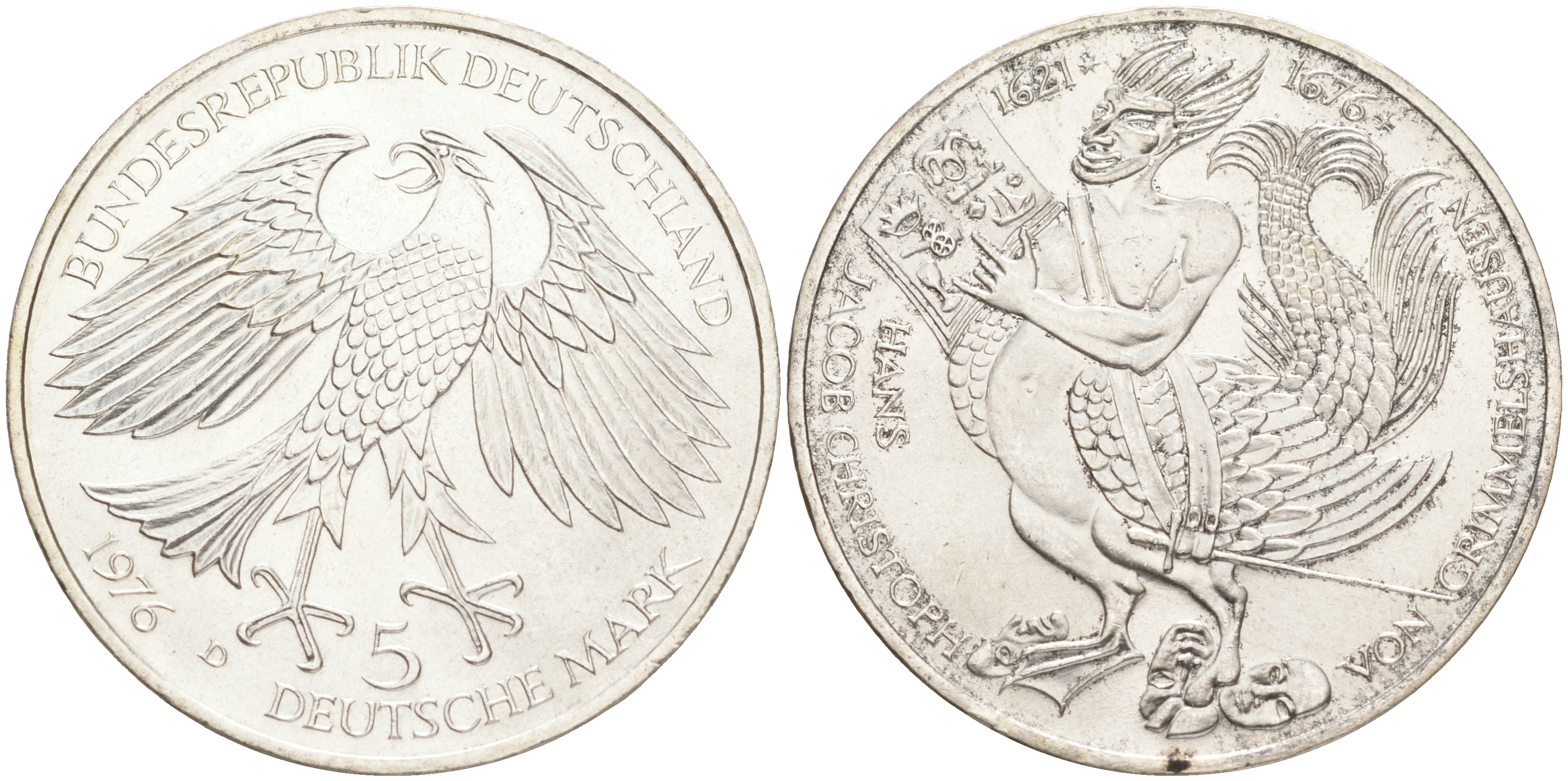 ФРГ 5 марок 1976 D, 300 лет со дня смерти Ганса Якоба Кристоффеля фон Гриммельсгаузена (1622-1676) KM 144, J. 419 серебро UNC 4557-245