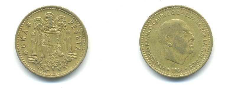 ИСПАНИЯ 1 ПЕСЕТА 1966 (71) ФРАНСИСКО ФРАНКО ДИКТАТОР ИСПАНИИ (1939-1975) КМ 796 алюминиевая бронза 80-1114