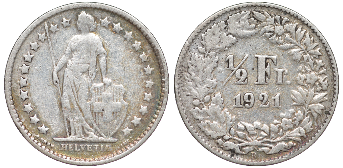 Швейцария 1/2 франка 1921 KM 23 серебро 4178-112