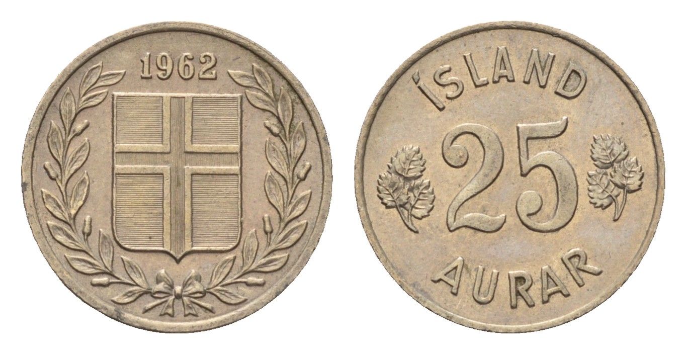 Исландия 25 эйре 1962 KM 11 медно-никель 4690-625