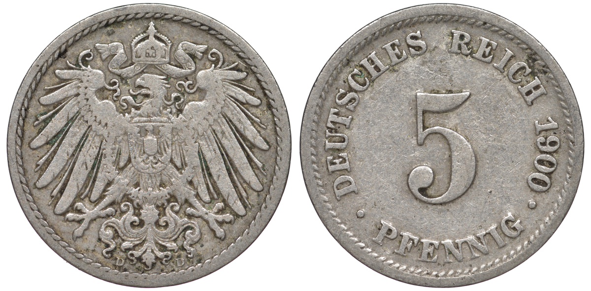 ГЕРМАНИЯ 5 ПФЕННИГОВ 1900 D, KM 11, J. 12 медно-никель 45-1119