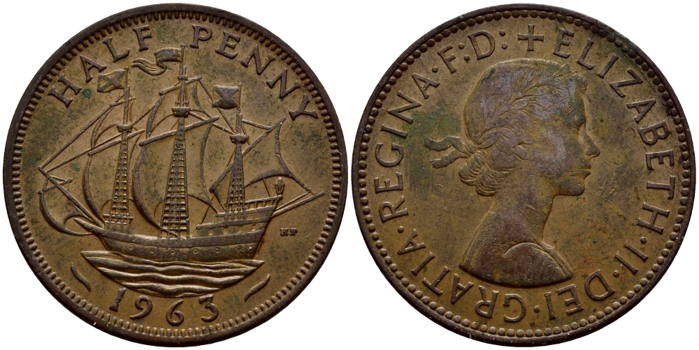 Великобритания 1/2 пенни 1963 Елизавета II (1952-2022) KM 896, Spink 4158 бронза 51-2437