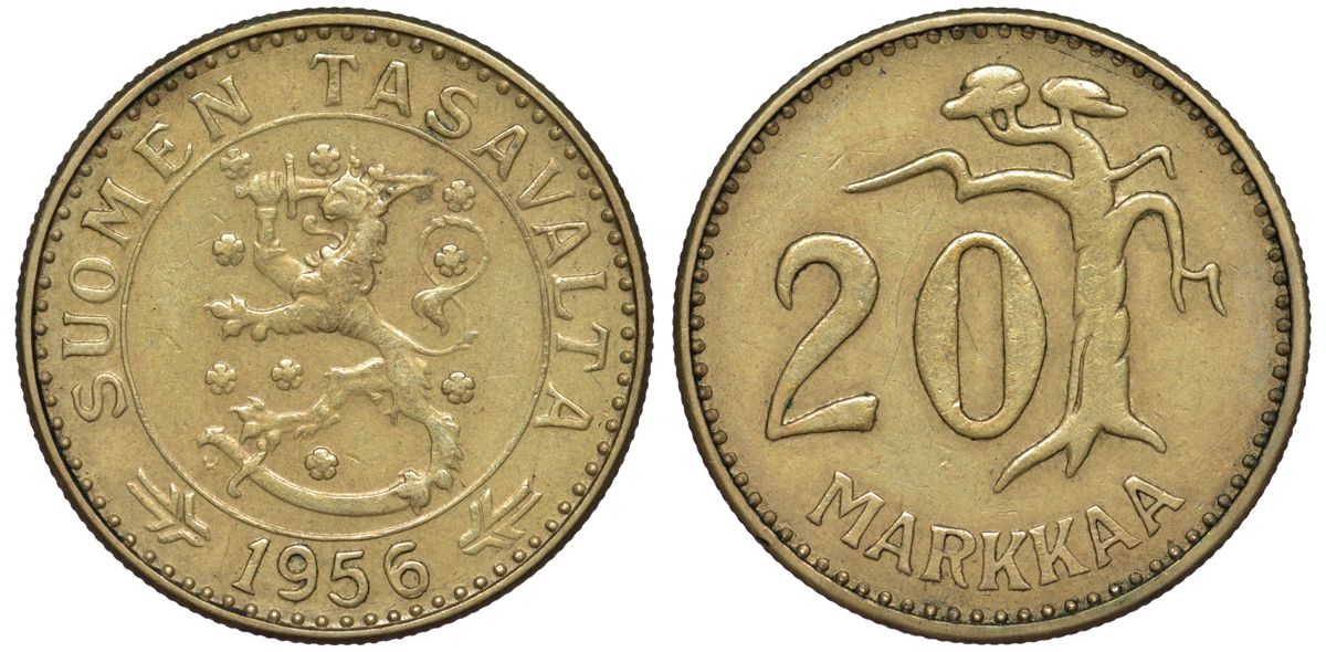 ФИНЛЯНДИЯ 20 МАРОК 1956 H KM 39 алюминиевая бронза 3334-737