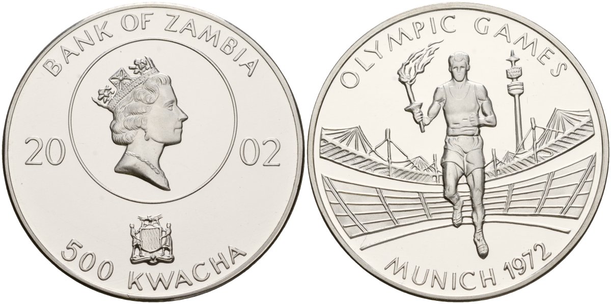 Замбия 500 квача 2002 XX летние Олимпийские Игры, Мюнхен 1972 KM 276 серебро PROOF 1099-3-51