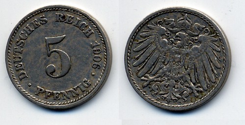 ГЕРМАНИЯ 5 ПФЕННИГОВ 1906 A, KM 11, J. 12 медно-никель 76-232
