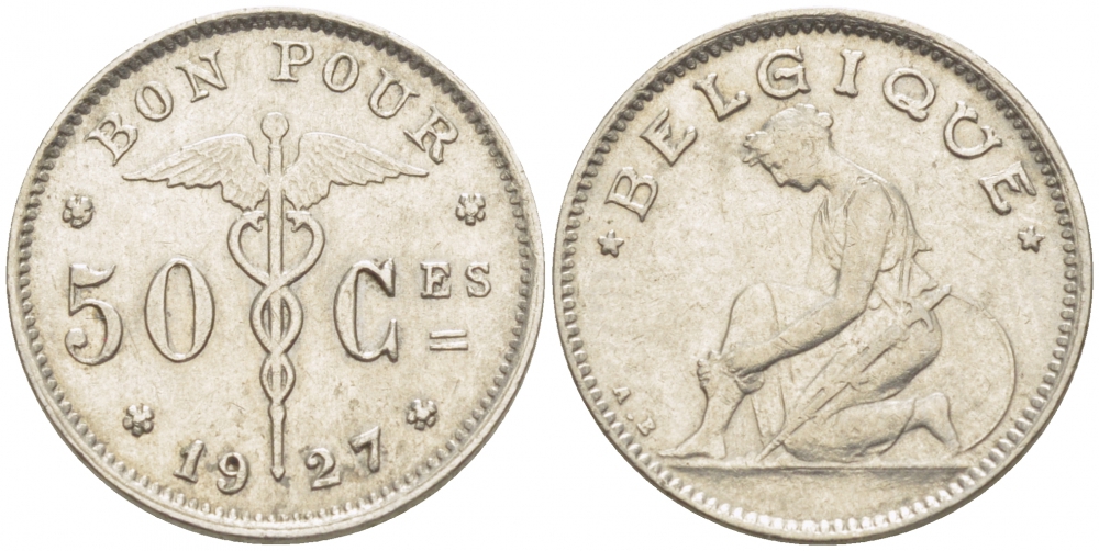БЕЛЬГИЯ 50 САНТИМОВ 1927 BELGIQUE KM 87 никель 3996-1212