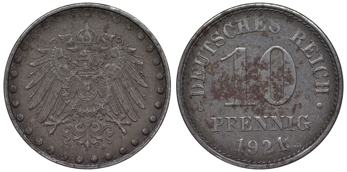 Германия 10 пфеннигов 1921 A KM 20, J. 298 железо 4119-154