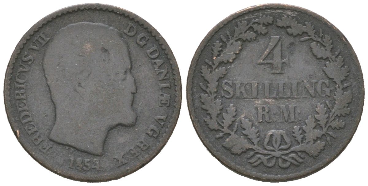 Дания 4 скиллинга 1854 FF, Фредерик VII (1848-1863) KM 758 билон 4615-834