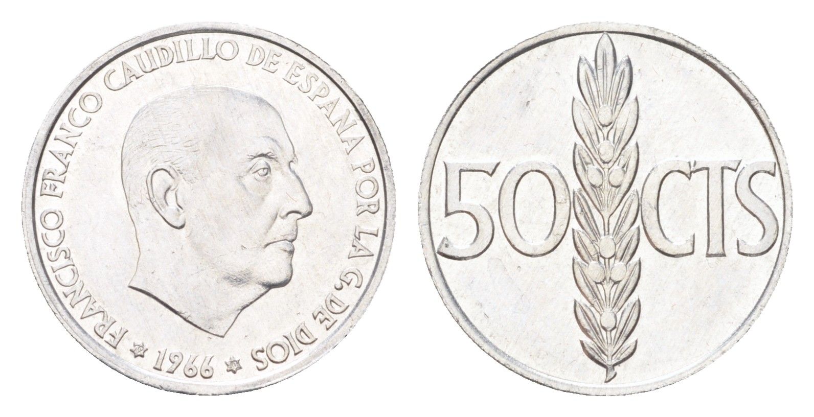 Испания 50 сентимо 1966 (72) Франсиско Франко (1939-1975) KM 795 алюминий UNC 4705-1027