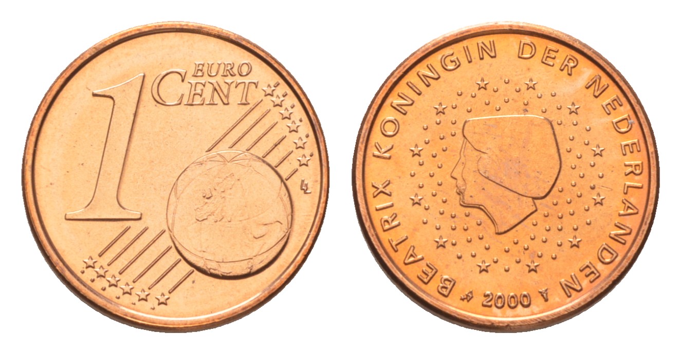 Нидерланды 1 евроцент 2000 Беатрикс (1980-2013), из ролла KM 234 сталь плакированная медью  UNC  M64-21