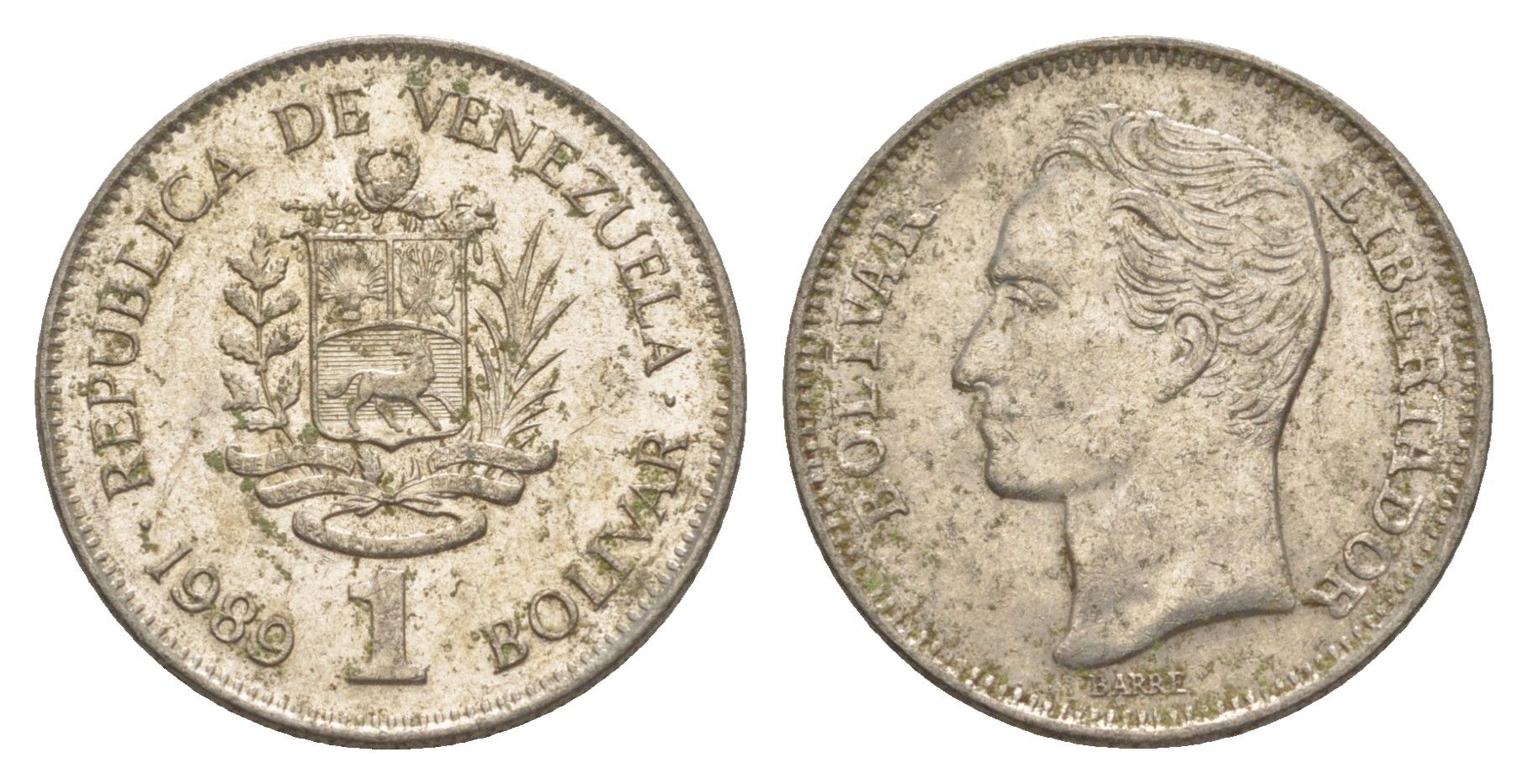 Венесуэла 1 боливар 1989 Симон Боливар, толстый шрифт Y 52a.2 сталь плакированная никелем 4589-251