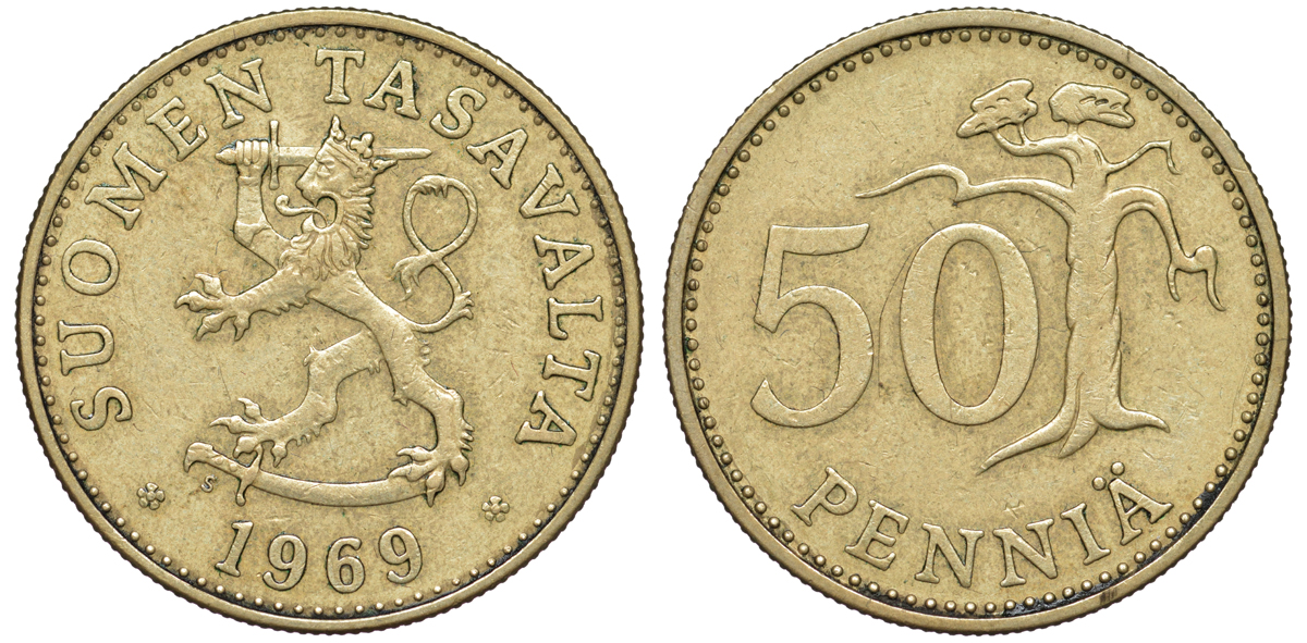 Финляндия 50 пенни 1969 S KM 48 алюминиевая бронза 259-615