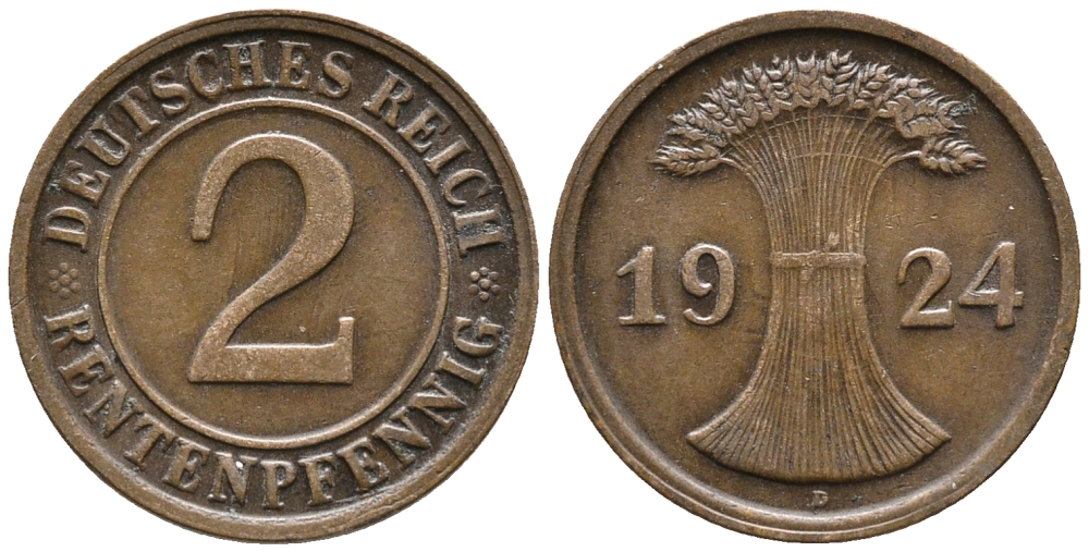 ГЕРМАНИЯ 2 РЕНТЕНПФЕННИГА 1924 D KM 31, J. 307 бронза 24-623