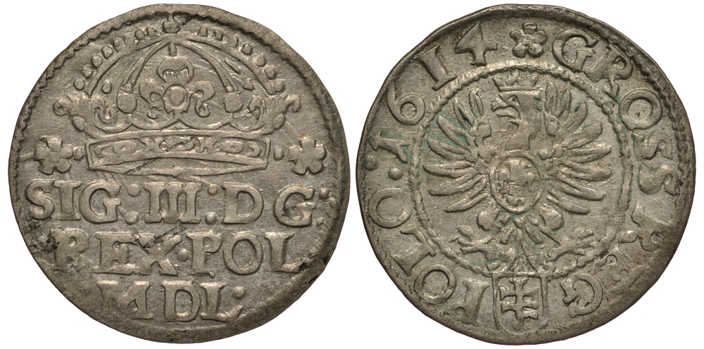 ПОЛЬША 1 ГРОШ 1614 СИГИЗМУНД III (1587-1632), ВЕС 1,44 ГР., ПИЛАВА KM 11, Gumowski 949 серебро 1516-1421