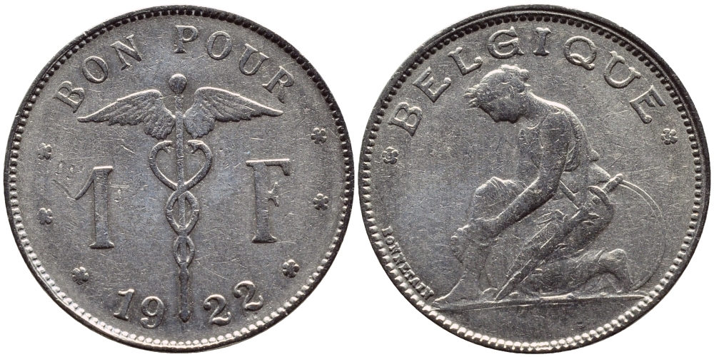 Бельгия 1 франк 1922 Belgique, Альберт I (1910-1934) KM 89 никель 86-1851