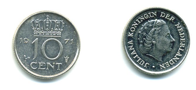 Нидерланды 10 центов 1971 Юлиана (1948-1980) KM 182 никель 76-346