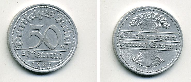 ГЕРМАНИЯ 50 ПФЕННИГОВ 1920 A KM 27, J. 301 алюминий 41-721