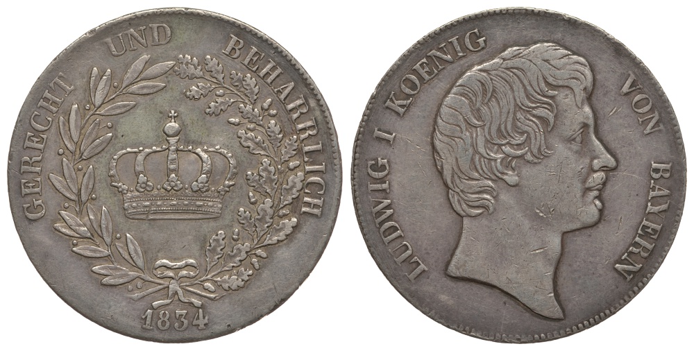 Бавария 1 талер 1834 Людвиг I (1825-1848) Dav. 565, KM 751, Thun 48 серебро 00-811-15