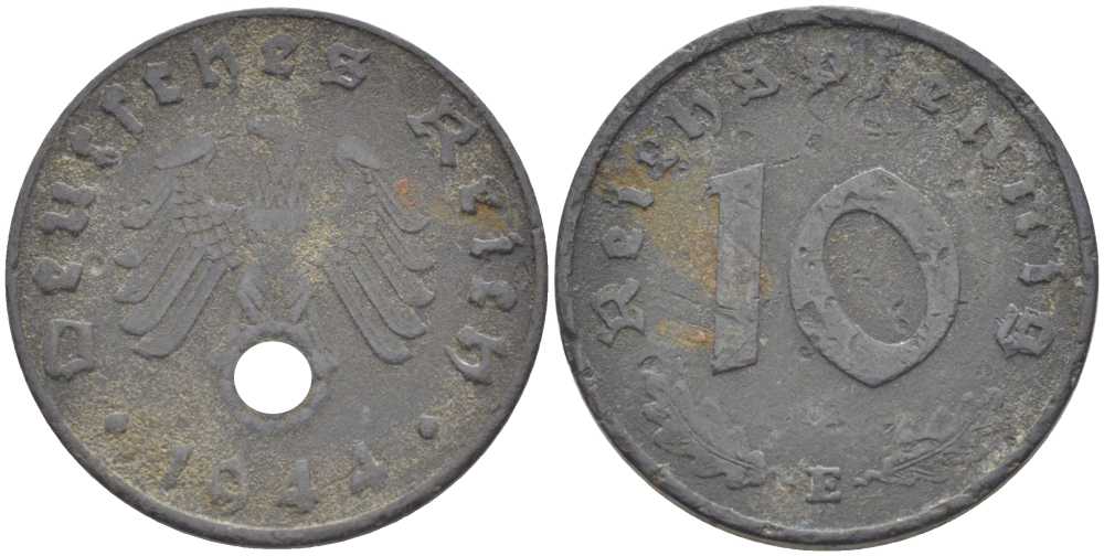ГЕРМАНИЯ 10 РЕЙХСПФЕННИГОВ 1944 E KM 101, J. 371 цинк 210-735